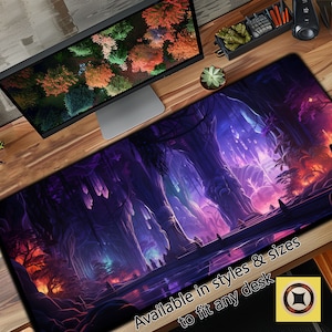May include: A purple and blue fantasy landscape with glowing crystals and a river. The image is used for a custom-sized desk mat. The text "Available in styles & sizes to fit any desk" is at the bottom of the image.