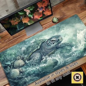 May include: A green and blue watercolour illustration of a sea turtle swimming in the ocean. The turtle is surrounded by waves and bubbles. The text "Available in styles & sizes to fit any desk" is at the bottom of the image.