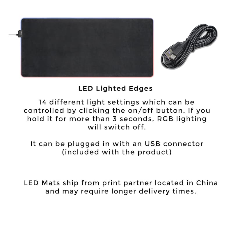 May include: Black rectangular mouse pad with a USB cable. The mouse pad has LED lights around the edges that can be controlled by a button on the cable. The text "LED Lighted Edges" is displayed above the mouse pad.