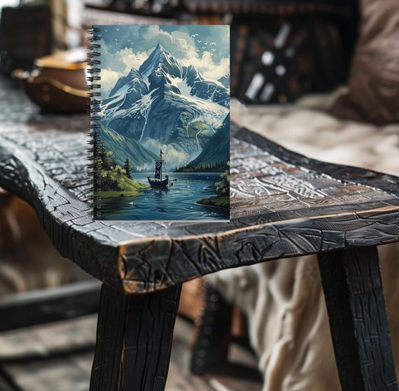 Personal Journal, Notebook, Diary for Home, Work or School Featuring a Lovely Nordic Viking Fjord Art on Cover