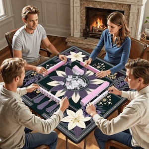 Boho Lotus Mandala Mahjong Mat — Modern Bohemian Floral Game Mat | Lavender, Aubergine, Cream and Deep Forest-Green Non-Slip Mat image 11