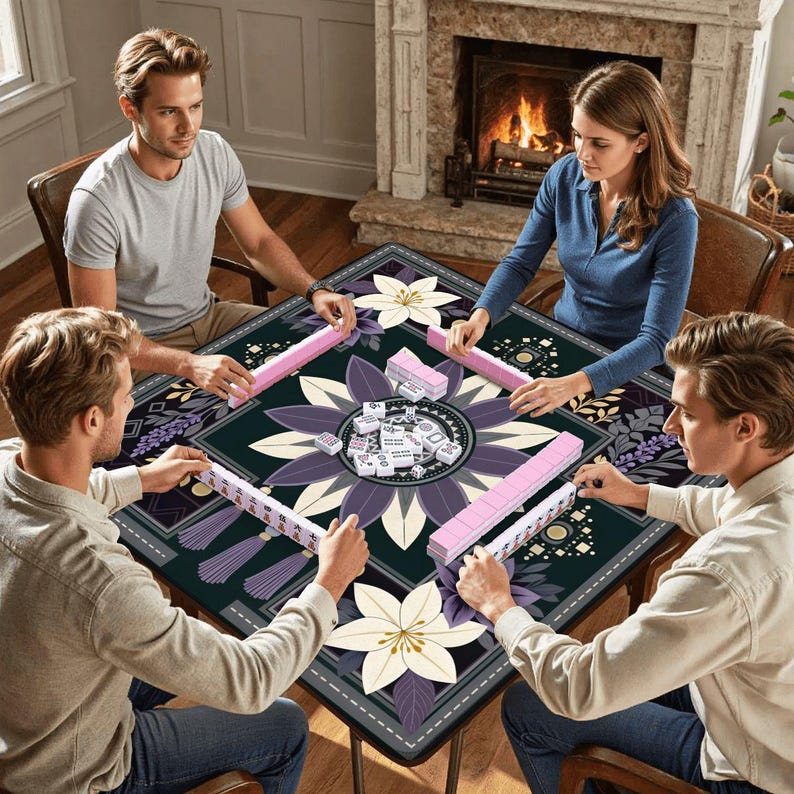 Boho Lotus Mandala Mahjong Mat — Modern Bohemian Floral Game Mat | Lavender, Aubergine, Cream and Deep Forest-Green Non-Slip Mat image 11