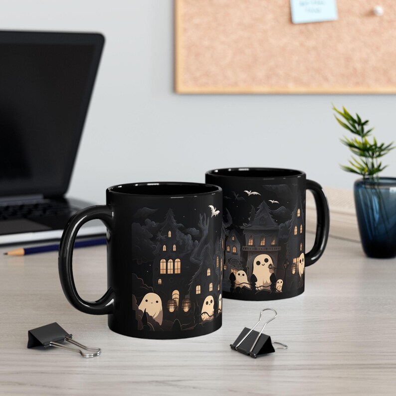 Kawaii Goth Ghosts Coffee Mug - Halloween Mug - Spooky Mug - Ghost Mug - Ghost Tea Cup - 11oz or 15oz Black Ceramic Mug image 6