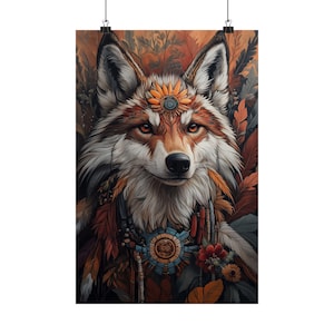 Póster de zorro tribal - Impresión artística de póster de animal espiritual - Zorro inspirado en los nativos americanos - Decoración de pared espiritual