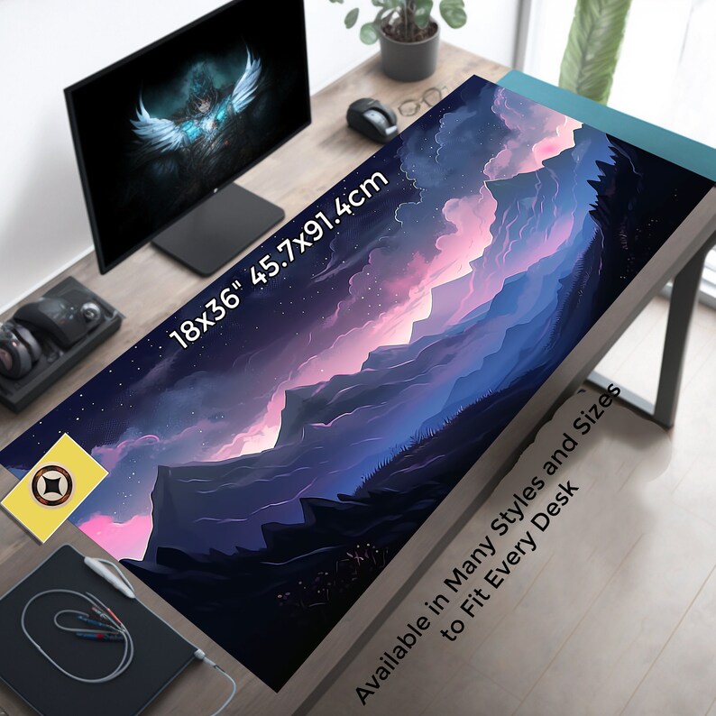May include: A large, colorful desk mat with a mountain range and starry sky design. The mat is 18x36 inches and is available in many styles and sizes to fit every desk.