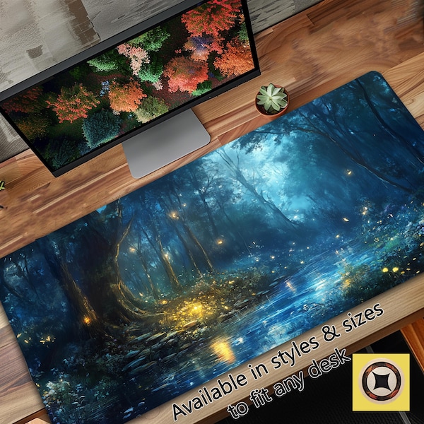 Luminous Enchanted Forest Firefly Glow Playmat TCG - Gaming Desk Mat Mousepad - Oversized Desk Pat Mouse Pad - Giant Mousemat