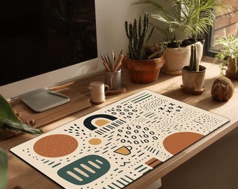 Mid-Century Modern Desk Mat - Minimal Abstract Shapes in Warm Earth Tones - Large Mouse Pad for Cozy Home Office or Gamer Setup