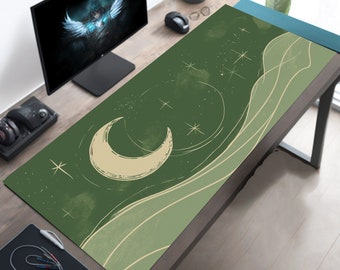 Minimalist Desk Decor, Green Desk Mat Mouse Pad, Crescent Moon Mousepad, Aesthetic Desk Pad, Oversized Deskmat, Giant Laptop Mat