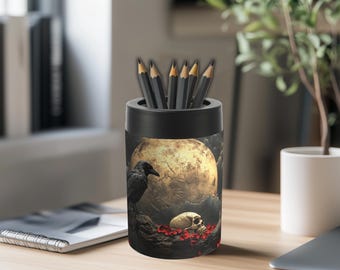 Goth Pencil Holder - Crow, Skull and Full Moon - Goth Desk Decor - Horror Desk Accessory - Desk Organizer - Pen Can - Pen Holder