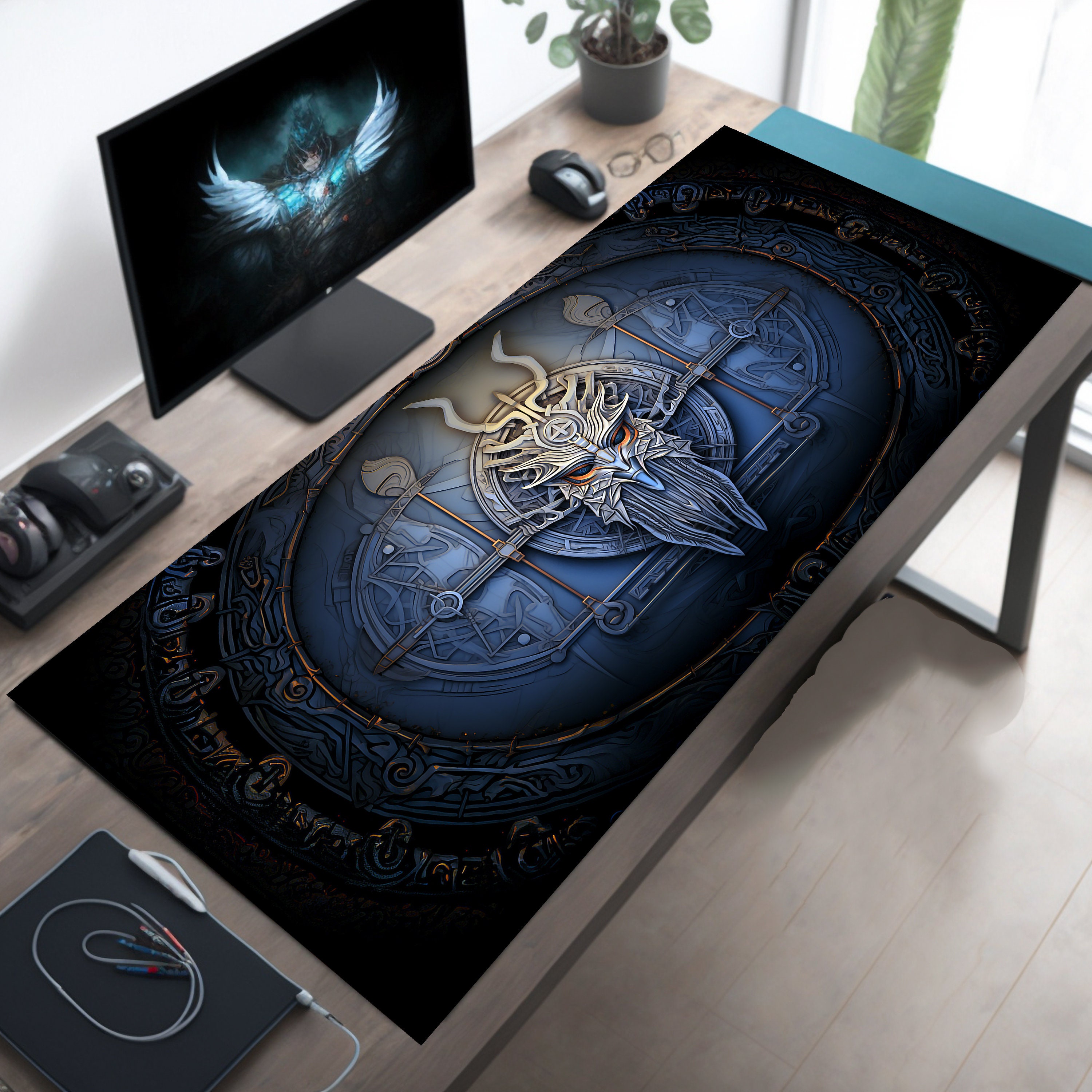 Viking Emblem Extended Desk Mat with Blue Frame