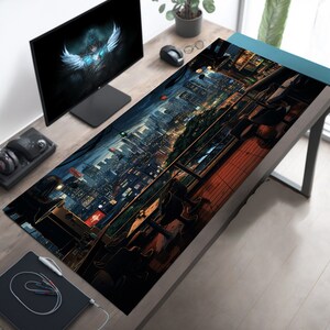 Cyberpunk Modern City, Cafe Bar Aesthetic Desk Mat, Cute Desk Pad, Gaming Playmat MTG, Gaming Mousepad XL, Gamer Mouse Pad, Gamer Gift
