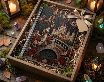 May include: A spiral-bound notebook with a detailed illustration of a castle and a woman in a red dress. The notebook is in a wooden box with decorative moss and a ribbon. The color scheme includes red, gold, and black.