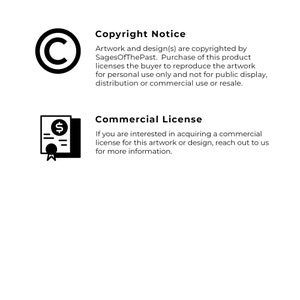 May include: Black and white illustration of a copyright symbol and a dollar sign with lines. The text "Copyright Notice" and "Commercial License" is displayed with information about the artwork's copyright and commercial licensing.