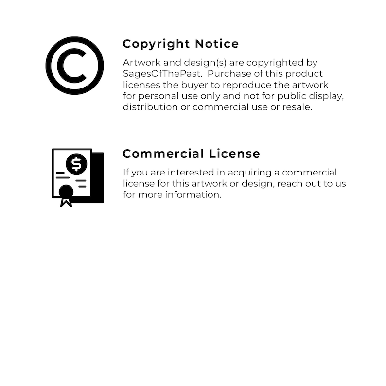 May include: Black and white illustration of a copyright symbol and a dollar sign with lines. The text "Copyright Notice" and "Commercial License" is displayed with information about the artwork's copyright and commercial licensing.