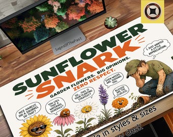 Alfombrilla de escritorio con estampado de girasoles / Flores de jardín, ilustración humorística de plantas