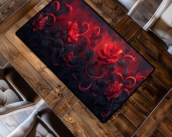 Short Table Runner Featuring Gothic Themed Dark Red and Black Art Nouveau Inspired Flowers, Goth Floral Table Runner