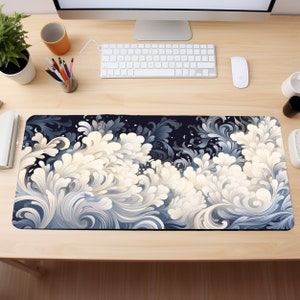 May include: A blue and white patterned mouse mat with a design of stylised waves. The mouse mat is on a wooden desk with a computer monitor, keyboard, and other office supplies.