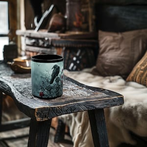 Può includere: Una tazza nera con un corvo appollaiato su un ramo con rose rosse. La tazza è appoggiata su un tavolo di legno rustico con una coperta bianca soffice sullo sfondo.
