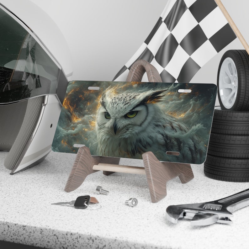 Placa de matrícula delantera para automóviles/camiones/SUV con arte de búho blanco de fantasía - placa de tocador - regalos de búho - decoración de coche de búho - regalo para esposa imagen 1