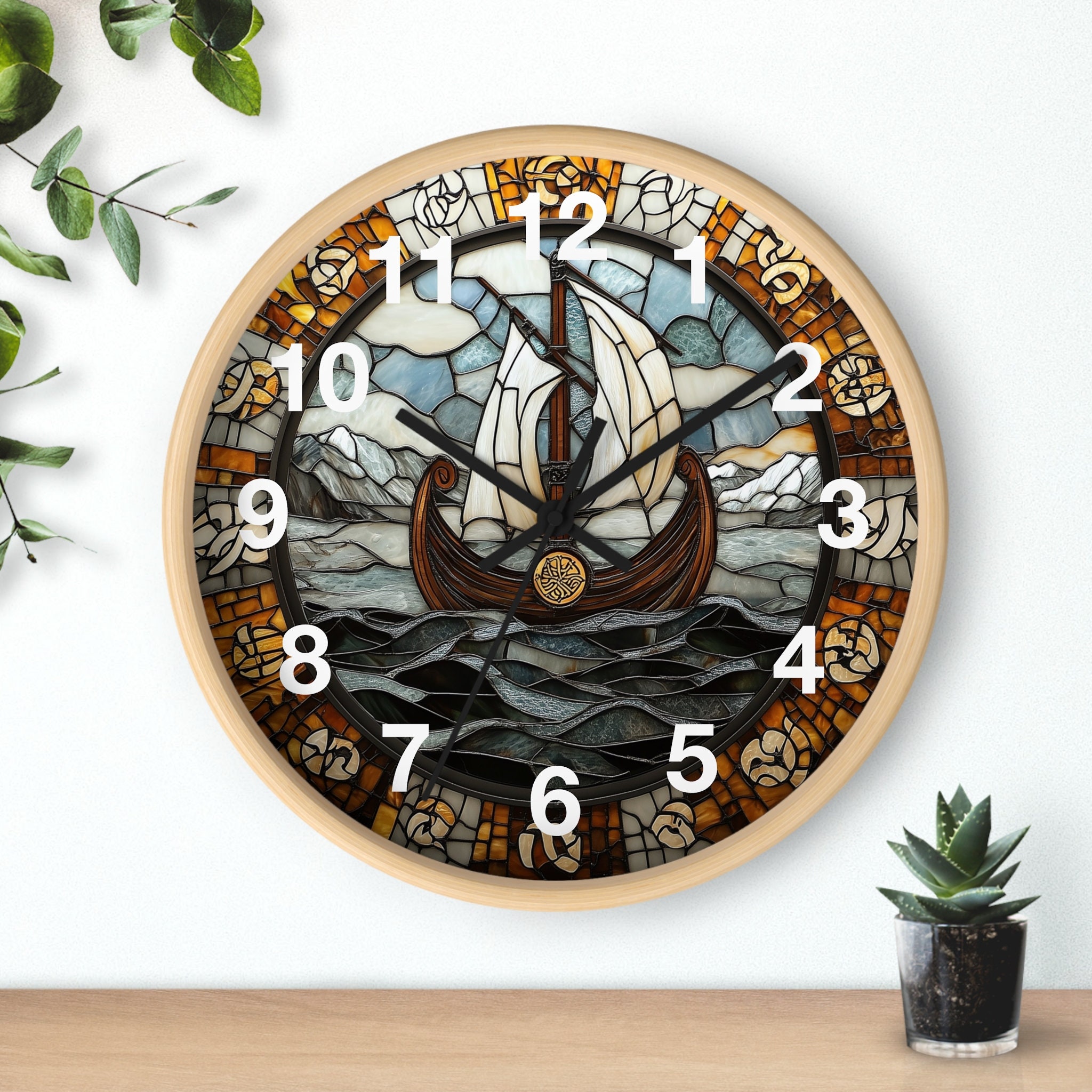 Viking Longboat Fjord Stained Glass Style Round Wall Clock