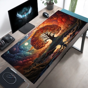 Tree Art Large Gaming Desk Mat, Playmat   , Long Mouse Pad, Cute Keyboard Pad, Aesthetic Computer Desk Decor