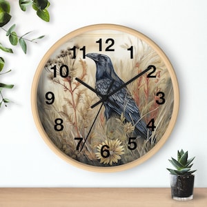 Enchanted Wildflower Crow Art 10" Round Wall Clock  Farm House or Country Home Living Room or Bedroom Clock - Office Clock