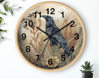 Enchanted Wildflower Crow Art 10" Round Wall Clock  Farm House or Country Home Living Room or Bedroom Clock - Office Clock