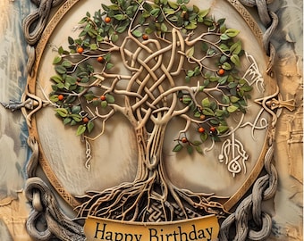 Fantasy Celtic Tree of Life Happy Birthday Card - Celtic Birthday Card, Fantasy Bookish Gamer Birthday Card - Print at Home Card Design