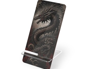 May include: Black phone stand with a detailed image of a black dragon with red eyes on a dark background with red and gold accents.