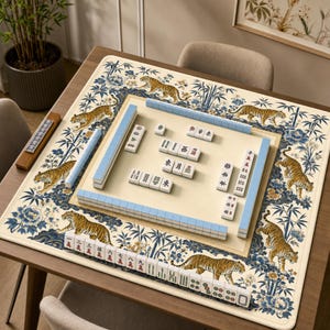 May include: A Mahjong set on a wooden table. The set includes tiles, racks, and a decorative mat with a blue floral and tiger pattern. The tiles are white with black characters. The racks are light blue.