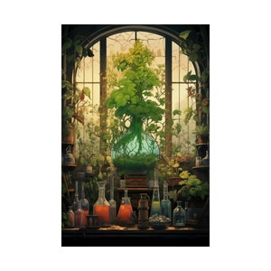 Art Nouveau Witchy Botanical Plants and Potions Poster Art Print, Cute Green Witchy Poster, Botanical Chemistry Wall Decor, Plant Art