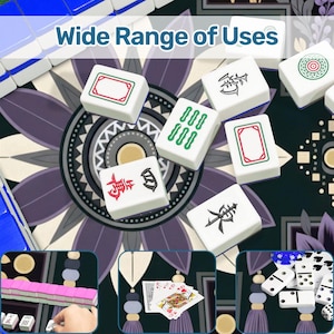 May include: A Mahjong set featuring white tiles with green, red, and black symbols, displayed on a dark floral patterned mat. The image includes text reading Wide Range of Uses and smaller insets showing pink tiles, playing cards, and dominoes.
