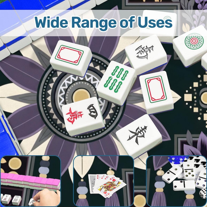 May include: A Mahjong set featuring white tiles with green, red, and black symbols, displayed on a dark floral patterned mat. The image includes text reading Wide Range of Uses and smaller insets showing pink tiles, playing cards, and dominoes.