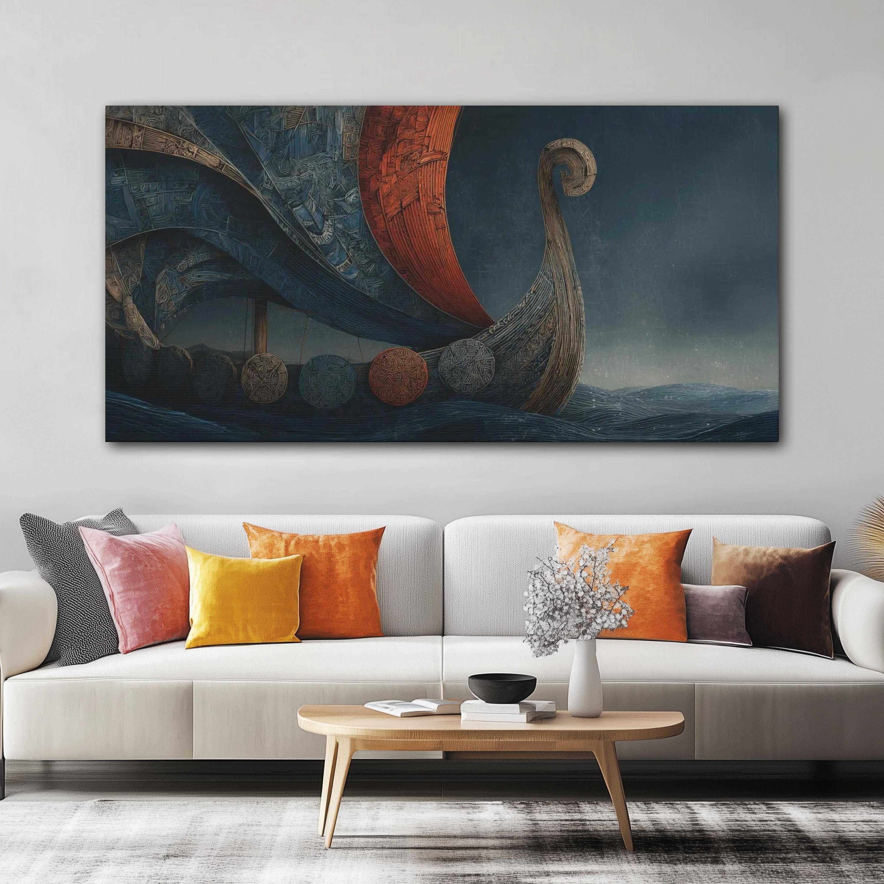 Viking Longboat Canvas Art in Red, Blue, and Gray