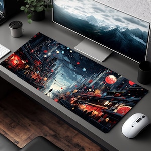 Dark Cyberpunk Streets of Tokyo Desk Mat, Cyberpunk Desk Mat, Large Mouse Pad, Gaming Mousepad XL, Gamer Desk Setup, Gift for Him, Lofi