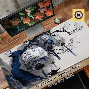 Adorn Your Desk with Japanese Art Featuring Paper Lanterns and Bosai Tree - Japan Desk Decor - Japanese Desk Pad Mouse Pad