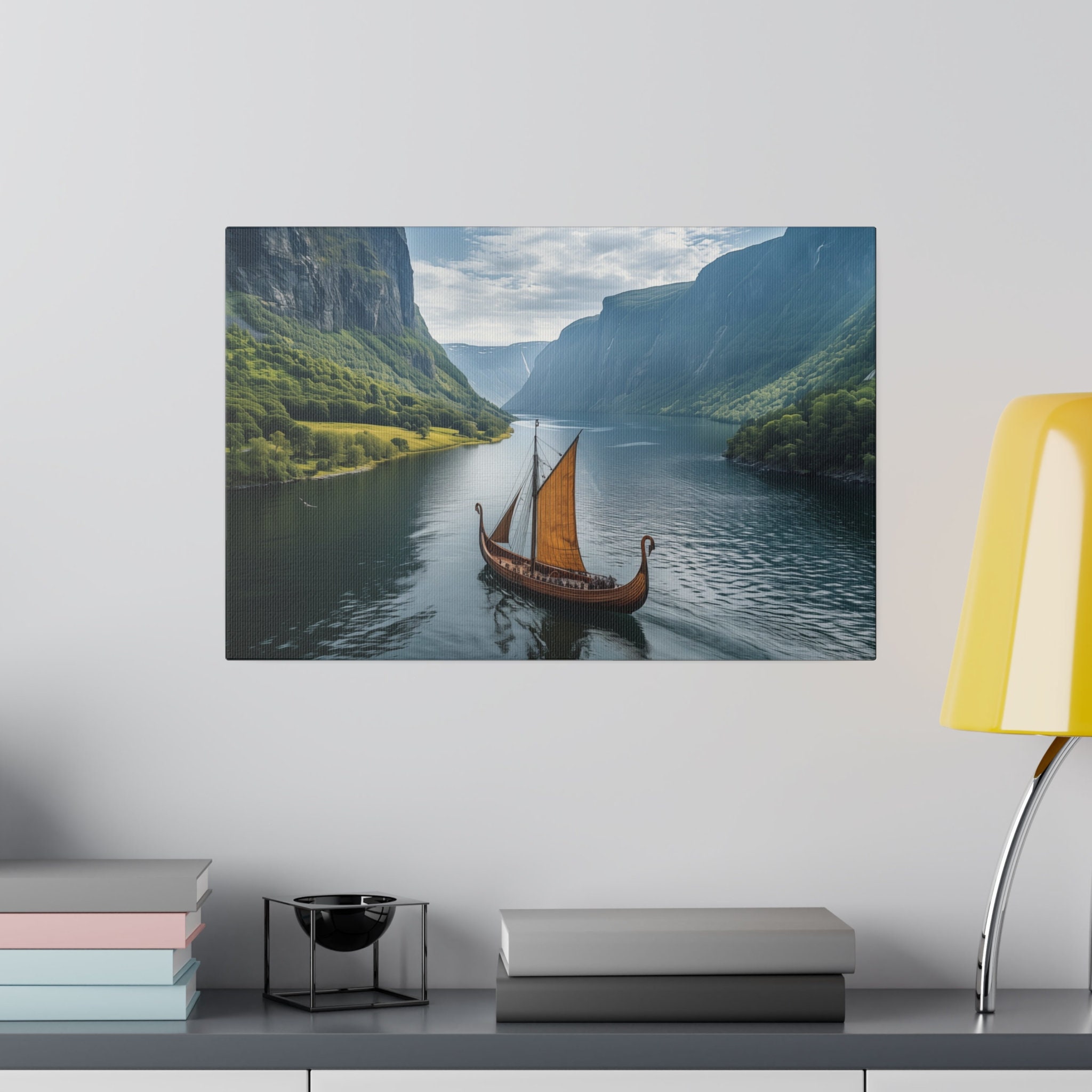 Viking Longboat on the Fjord Canvas Art Print