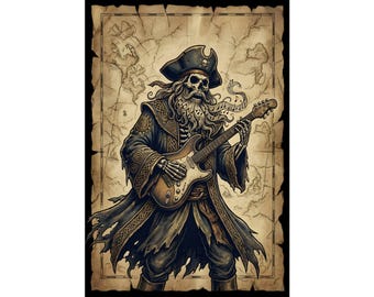 Pirate Wall Art Skeleton Guitar Poster Nautical Gothic Decor Vintage Map Print