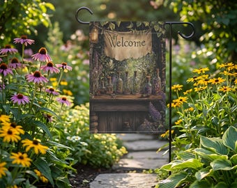Cute Garden Banner - Witchy Botanicals and Potions Medieval Style Art - Garden Welcome Sign - Home Welcome Banner - Gift for Her