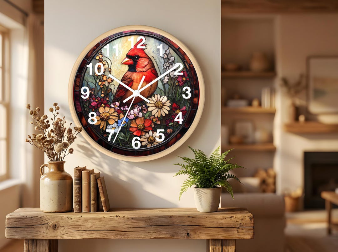 Lovely Cardinal Round Wall Clock Featuring Look of Stained Glass Art ...