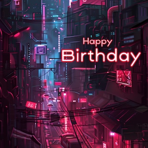 Cartão de feliz aniversário para jogador Cyberpunk, cartão de aniversário para jogador, cartão de aniversário Cyberpunk, cartão de download instantâneo, design de cartão para impressão em casa