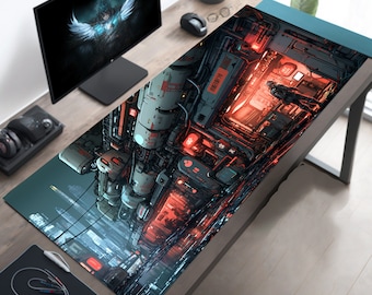 Op de afbeelding: Een grote, kleurrijke gaming muismat met een futuristische stadsscène. De mat heeft een grote, ingewikkelde structuur met rode, blauwe en witte details. Een figuur in een zwart pak staat op de voorgrond.