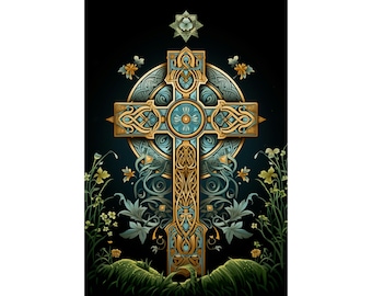 Floral Celtic Cross Poster, Celtic Wall Art, Celtic Home Decor, Celtic Bedroom Art