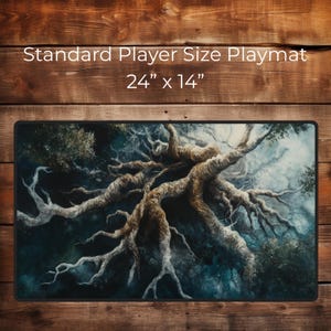 May include: A standard size playmat featuring a watercolour painting of a large tree root system with a blue and white background. The playmat is 24 inches by 14 inches.