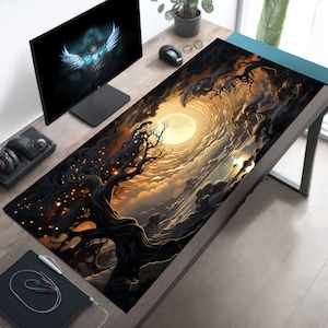 Golden Forest Moon Desk Mat, Fantasy Desk Pad,   Playmat Adult , Playmat   Land, Long Mouse Pad, Extra Large Mousepad