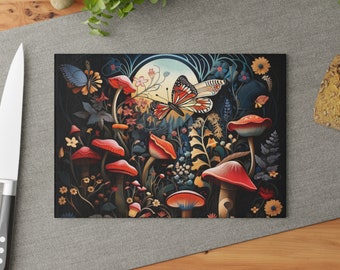 Glass Cutting Board, Mushroom Midnight Butterfly, Cute Cutting Board, Veg Cutting Board, Meat Cutting Board, Cottagecore Kitchen Gifts