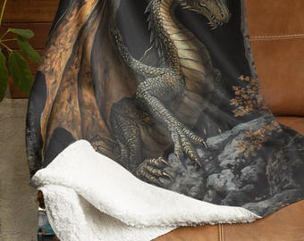 Medieval Forest Dragon Soft Fleece Blanket - Full Size Blanket, Large Throw Blanket, Fantasy Gamer Blanket, DND Gifts, TCG Gifts