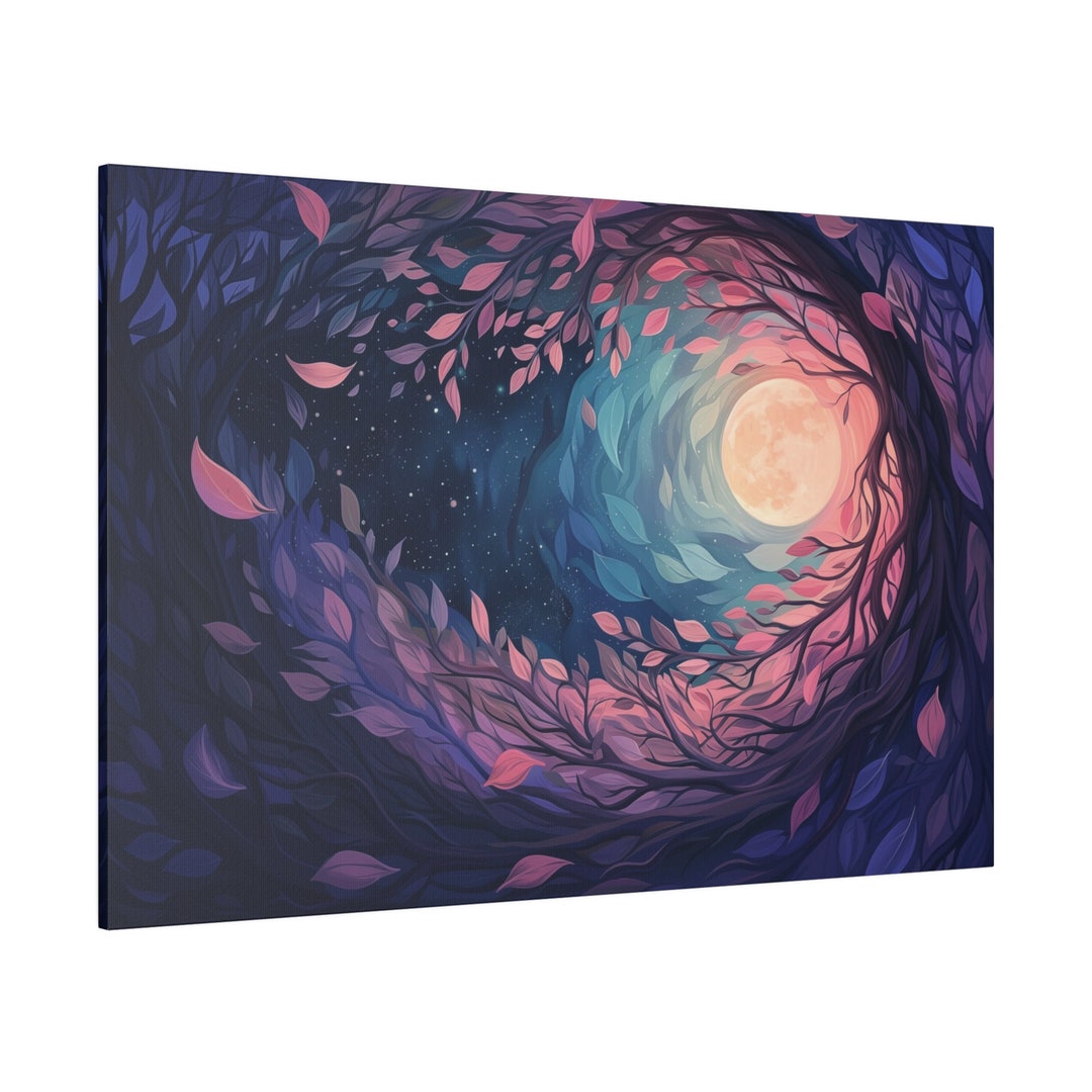 Peering Into the Moon, Pink and Blue Canvas Art Print, Cute Living Room Decor, Art Print, Canvas