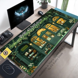 May include: A green and white illustrated mousepad featuring a storefront with a variety of items displayed in the windows. The mousepad is 18x36 inches and has the text "Available in Many Styles and Sizes to Fit Every Desk".