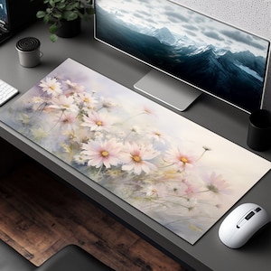 Tapis de bureau marguerites aquarelle lavé, tapis de souris fleurs mignonnes, tapis de souris floral, cadeau pour petite amie, cadeau pour femme, sous-vêtement de bureau esthétique